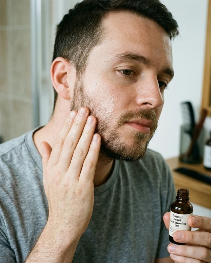 Man applying beard oil to a patchy beard for an article debunking beard myths about beard oil and new beard growth.