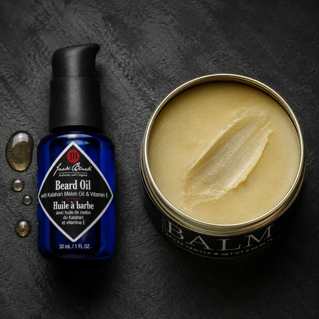 Beard oil and beard balm shown side by side to compare texture