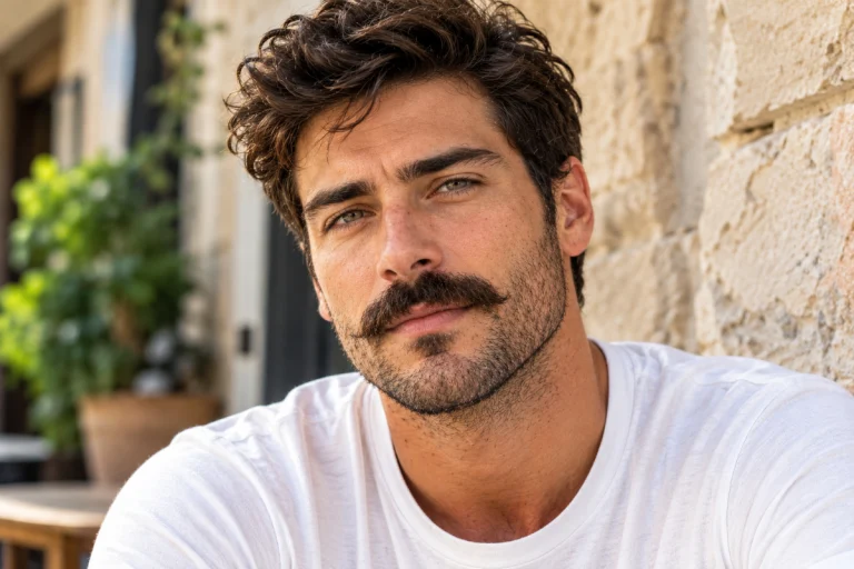 Handsome man with a beardstache style featuring a thick dark mustache, short stubble across the cheeks and jawline, and textured brown hair.