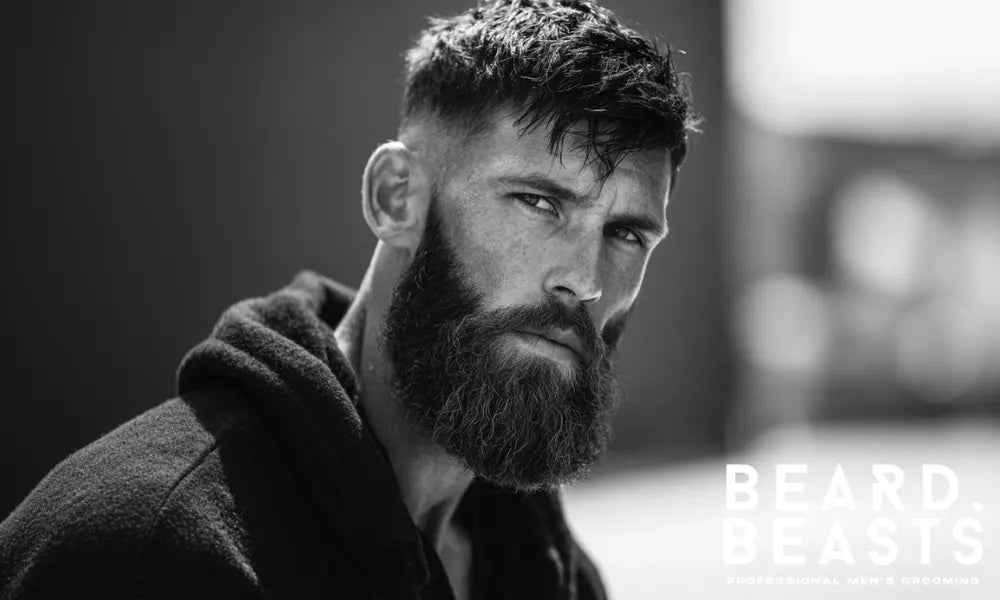 A man with a long, healthy, and well-groomed full beard, shown in a black and white photo to illustrate the benefits of using beard conditioner.