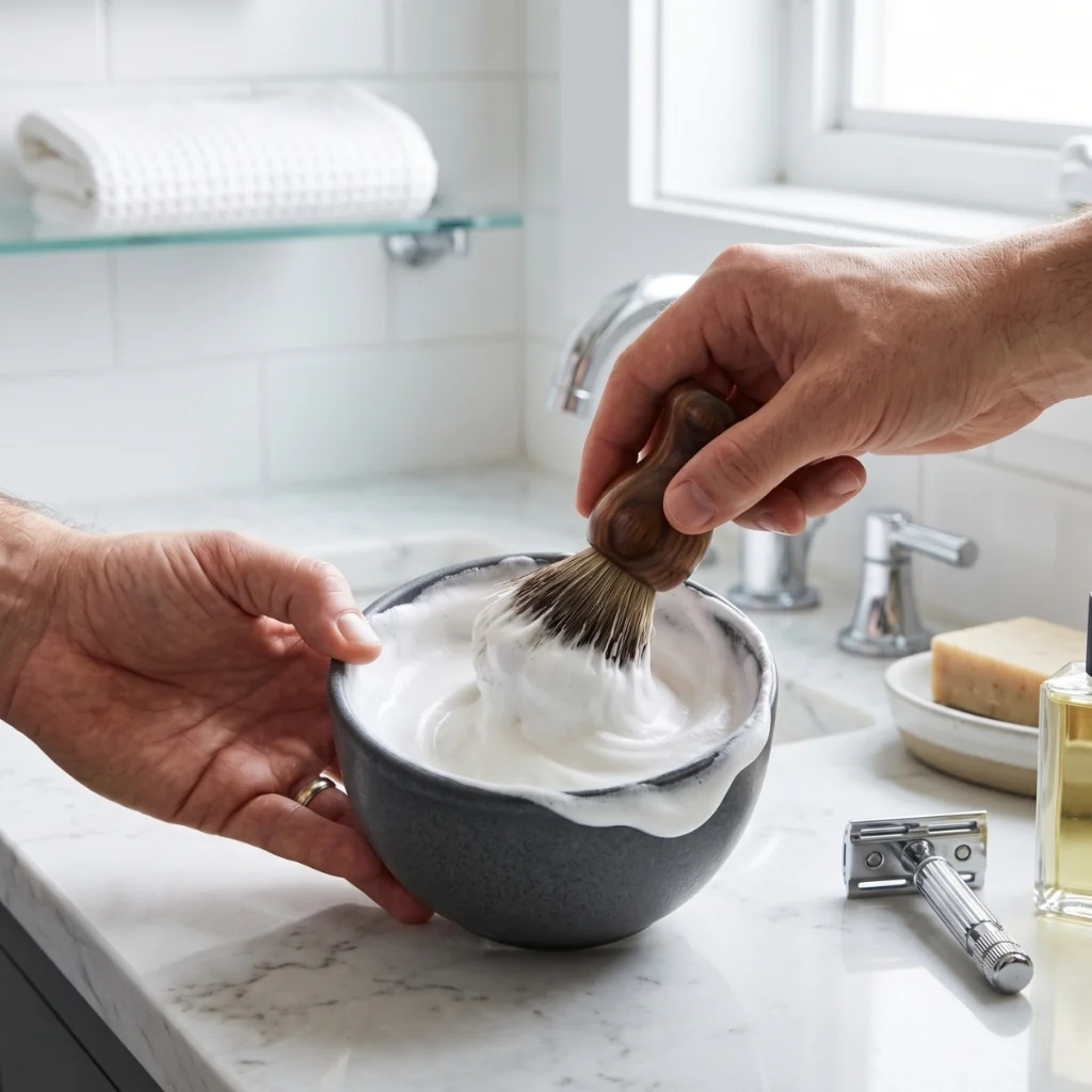 Man building a dense shaving lather with a shaving brush in a bowl.