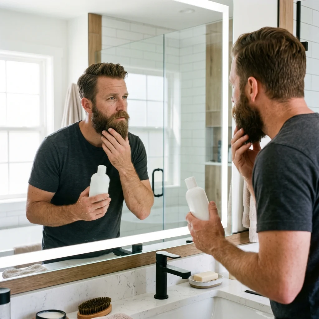 Bearded man considering using regular hair conditioner on his beard.