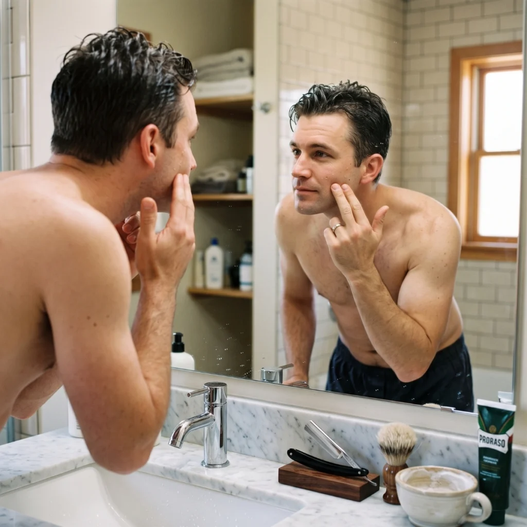 Man checking his cheek after the first pass of a straight razor shave