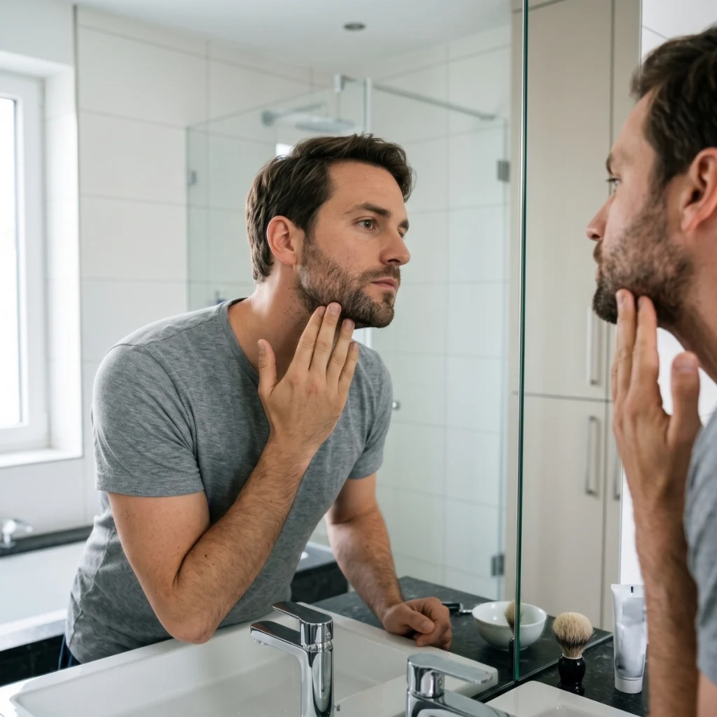 Man feeling the direction of beard growth along his jaw and neck