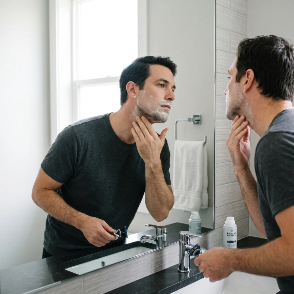 Man checking a missed patch of stubble during a shave