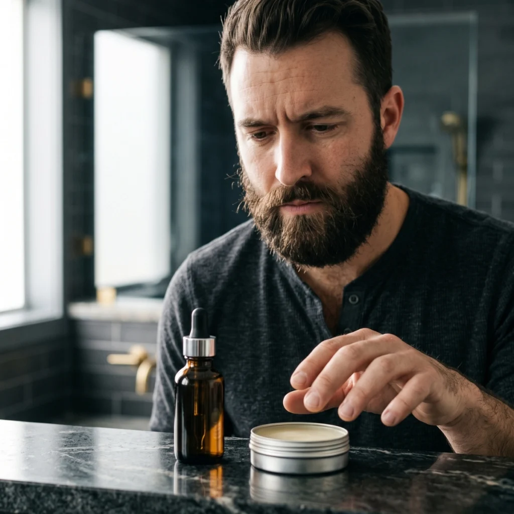 Man deciding between beard oil and beard balm for his beard routine
