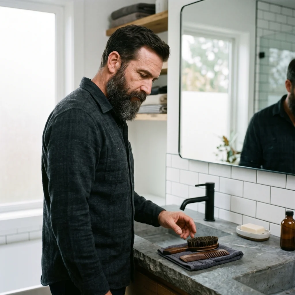Bearded man choosing between a beard brush and beard comb