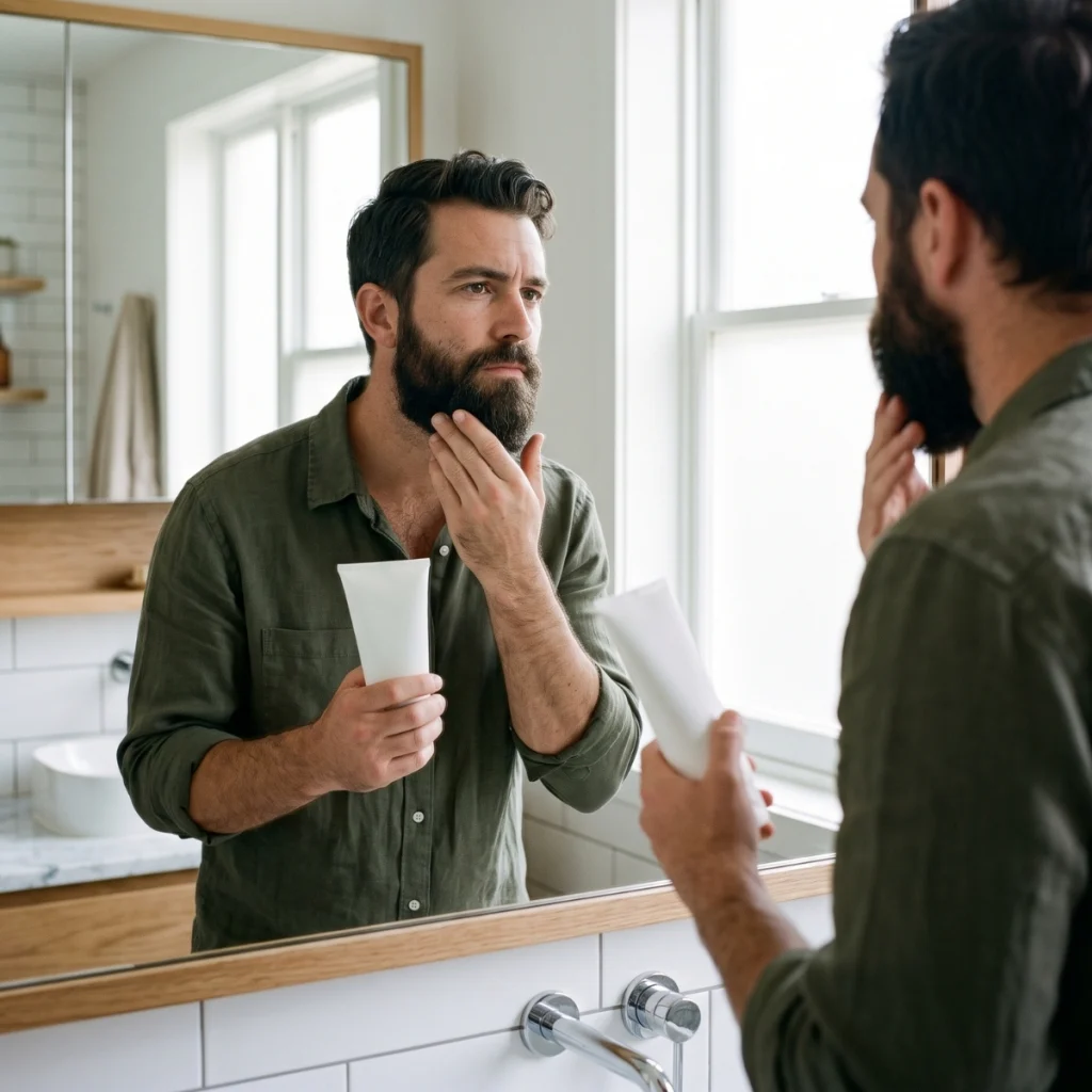 Man checking his beard in the mirror while holding beard conditioner.