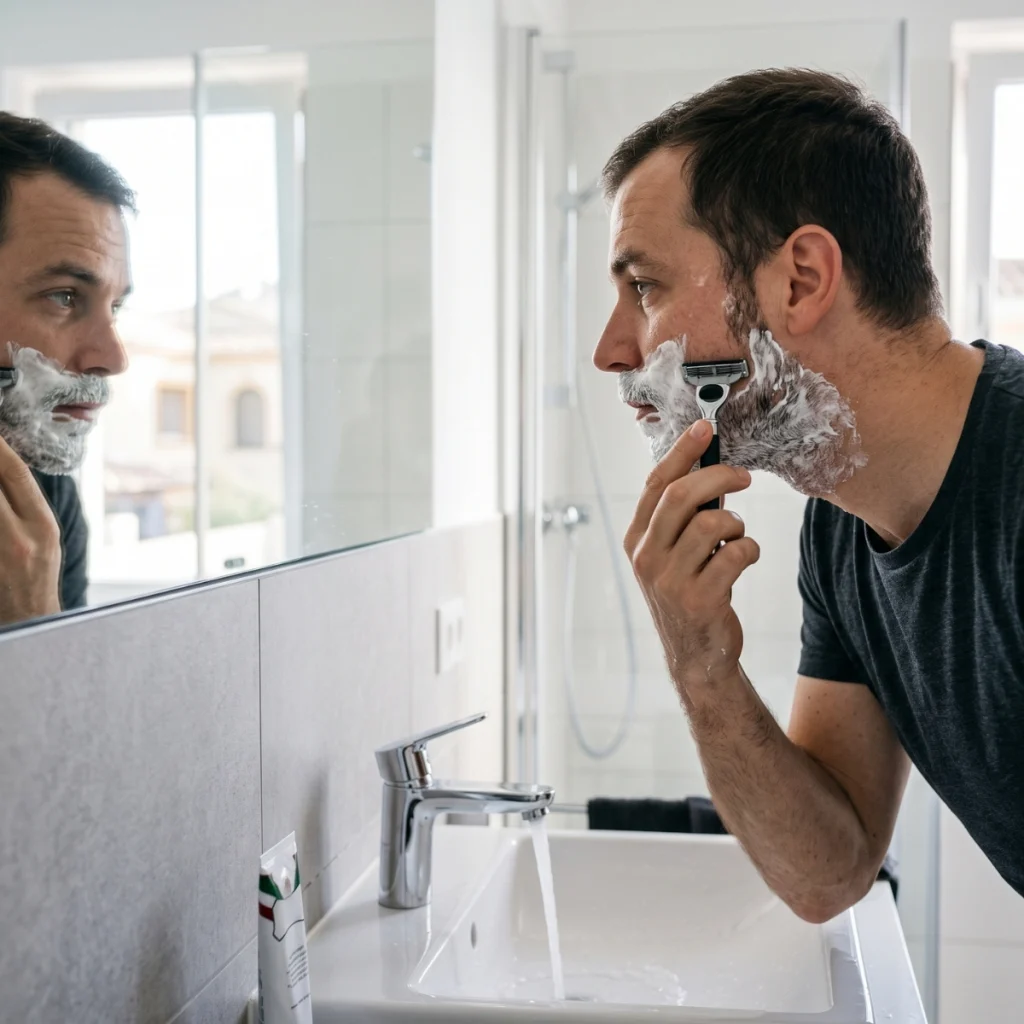 Man shaving his cheek with shaving cream during the first pass