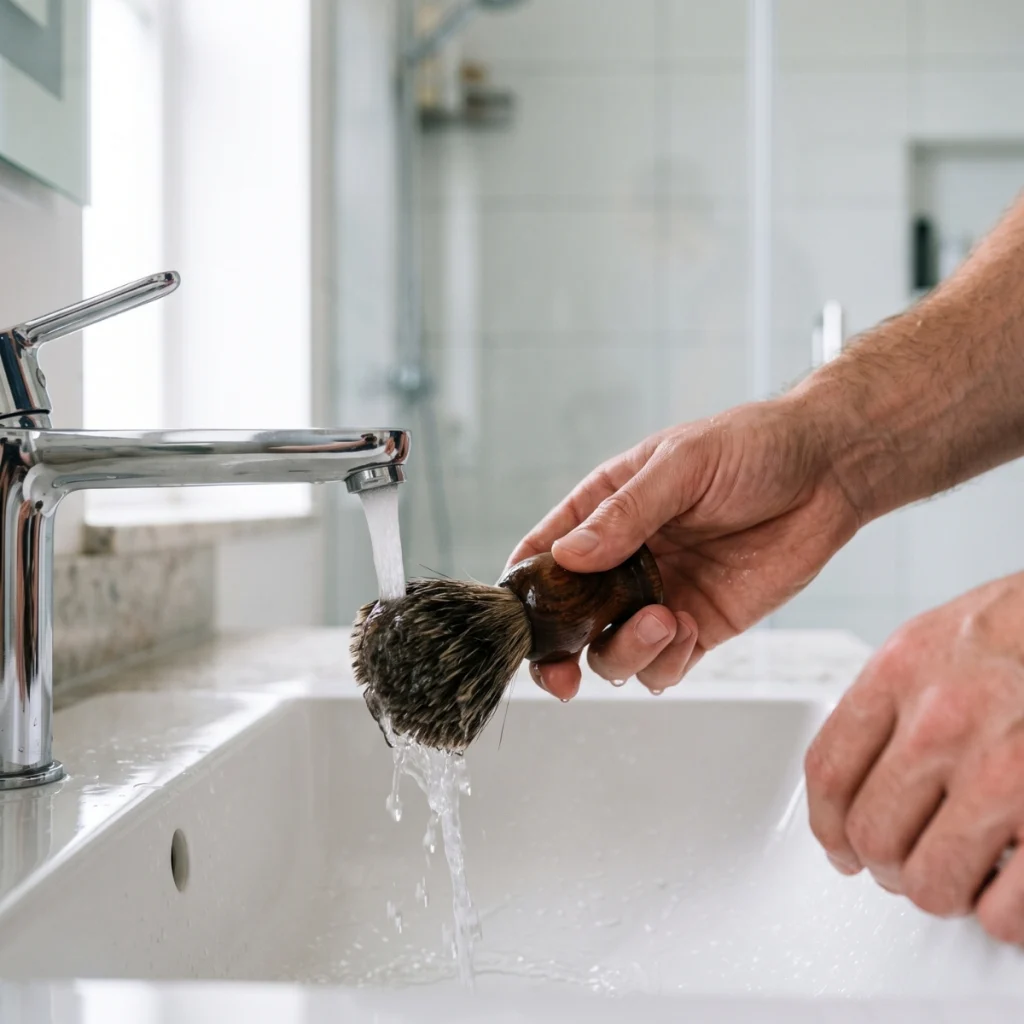 Man wetting a shaving brush under warm running water before loading shaving soap.