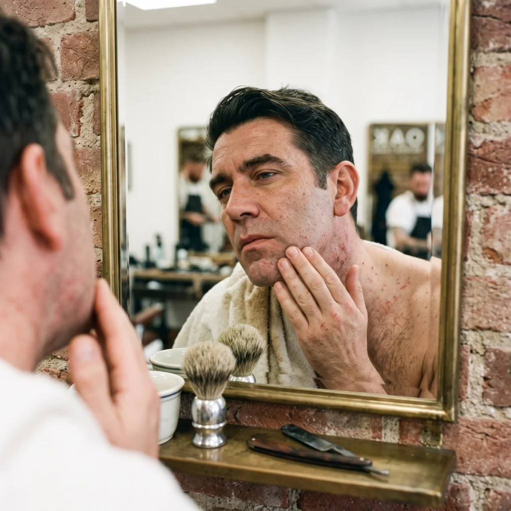 Freshly shaved man checking mild skin irritation after a hot towel shave.