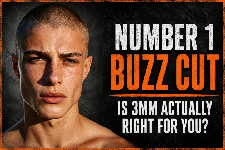 Man with a number 1 buzz cut at around 3mm beside text asking if the length is right for you.