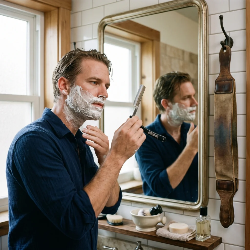 Man preparing a straight razor before shaving with lathered facial hair and a leather strop nearby