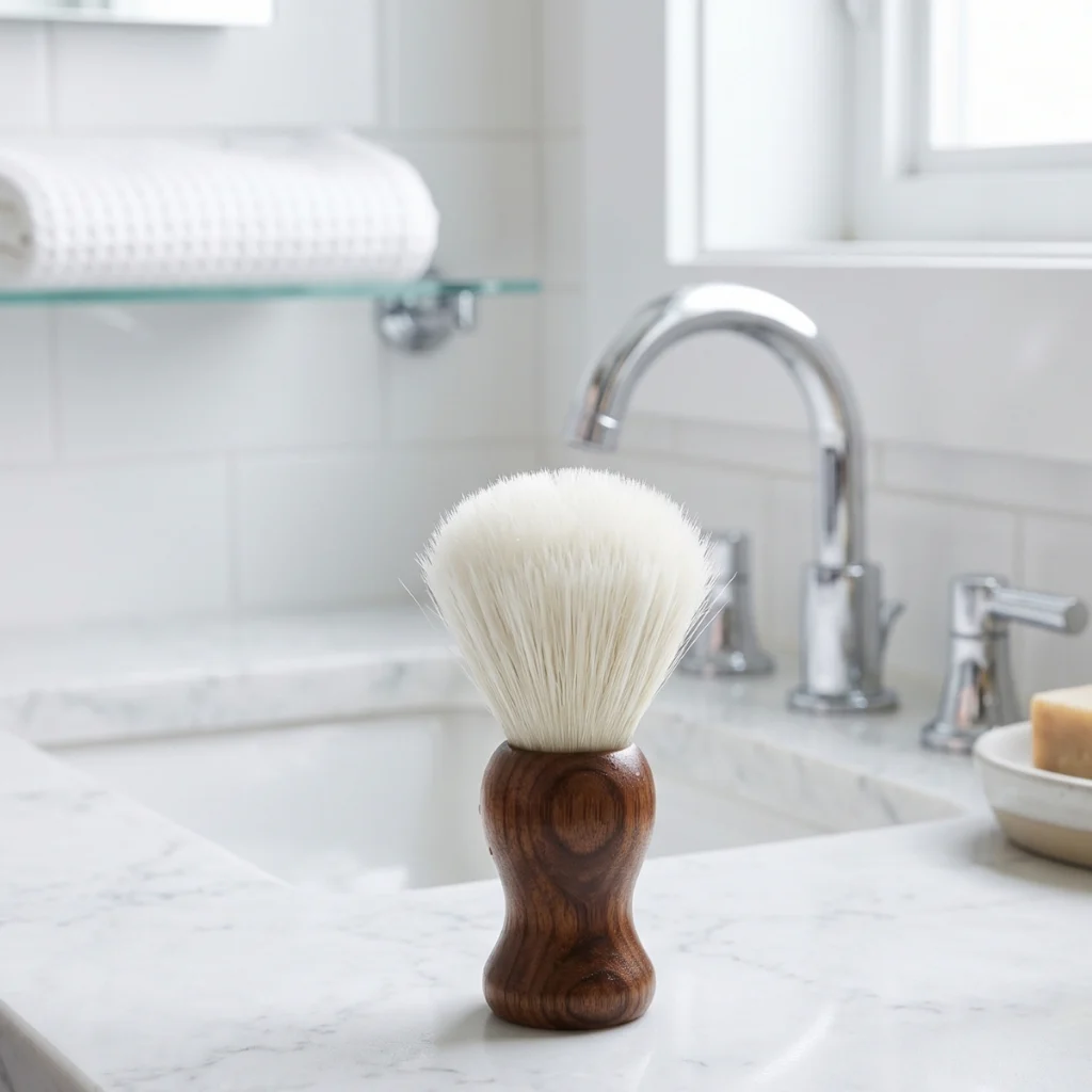 Clean shaving brush left upright to air dry on a bright bathroom counter.