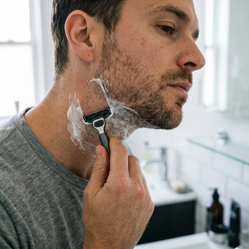 Man carefully shaving upward against the grain on his neck