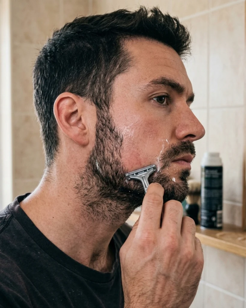 Man shaving part of his beard with a razor to illustrate that shaving does not make your beard grow back thicker.
