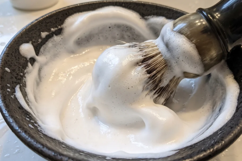 Shaving brush building a smooth hydrated lather in a shaving bowl