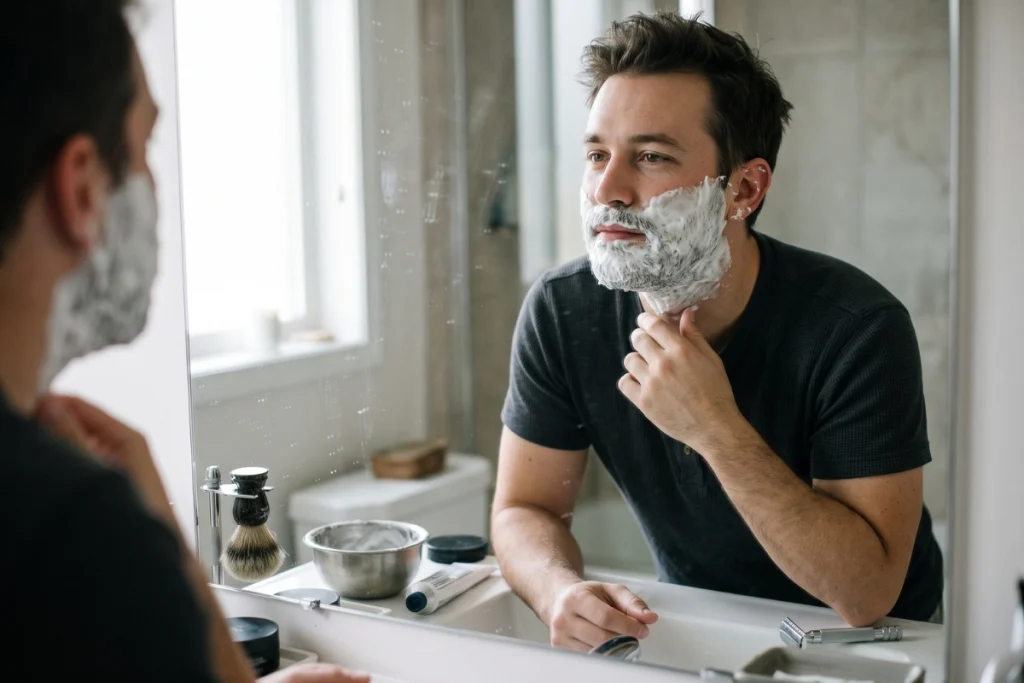 Man letting shaving lather soften his beard before shaving
