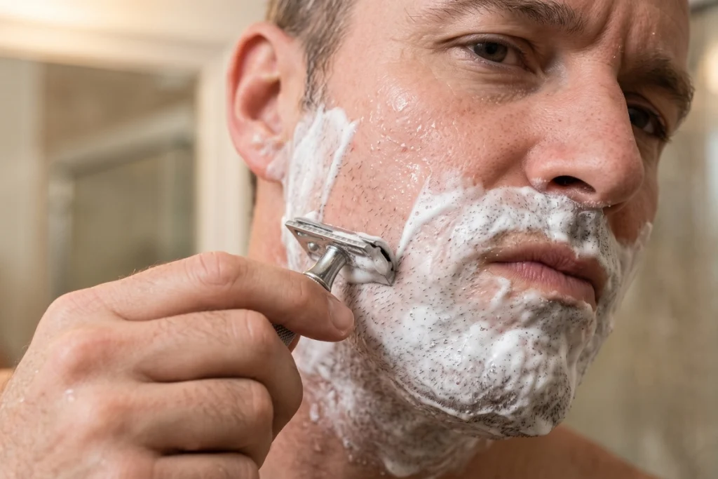 Man shaving with lather on sensitive or dry skin
