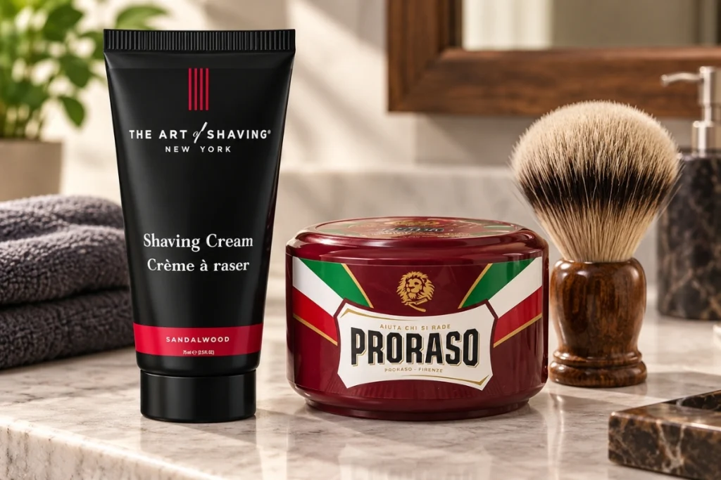 Shaving soap, shaving cream and shaving brush showing the difference between the two products