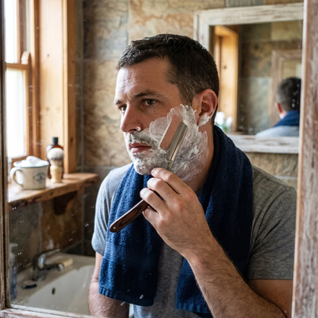 Man using a short straight razor stroke with the grain on his lathered cheek