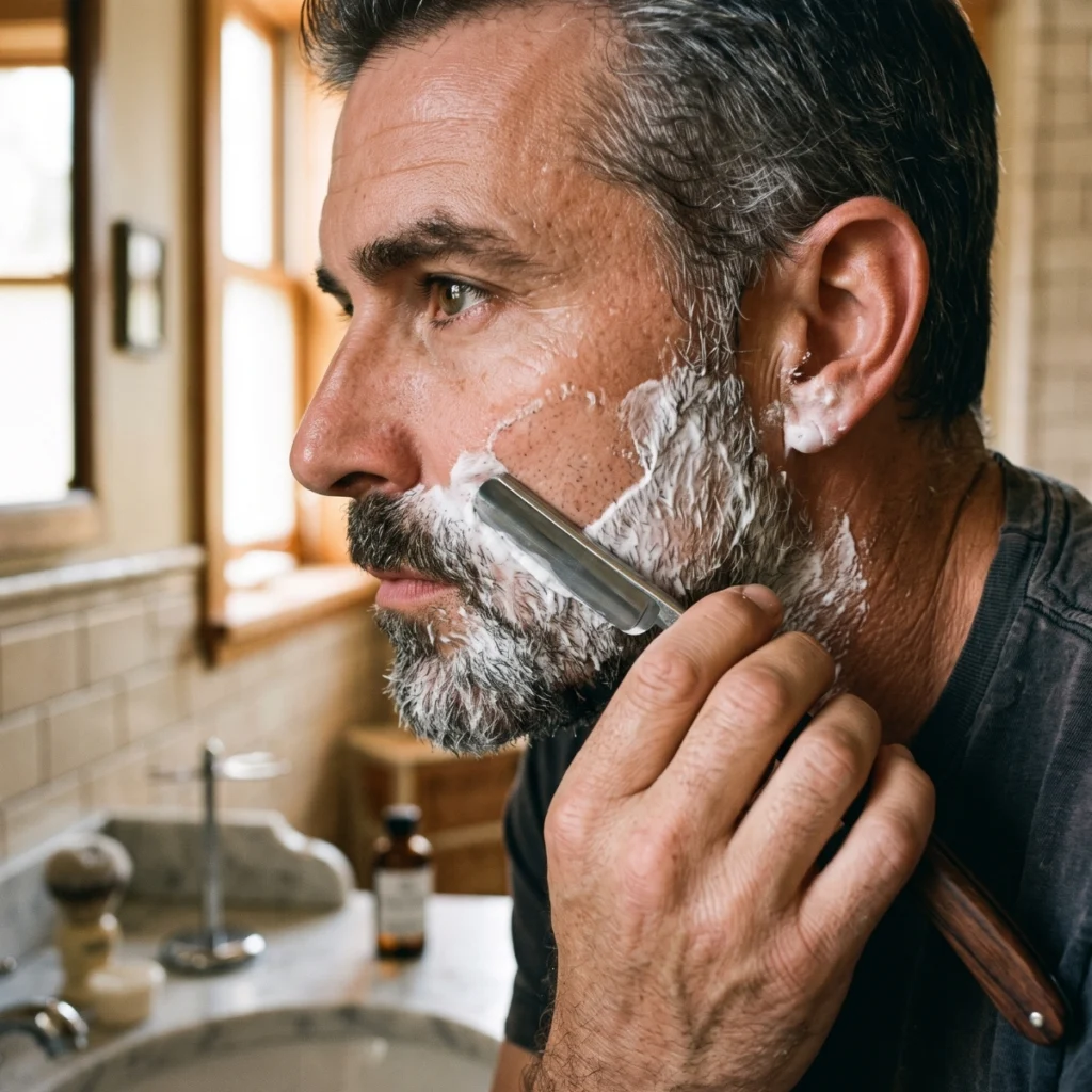 Man holding a straight razor at roughly a 30-degree angle while shaving his cheek
