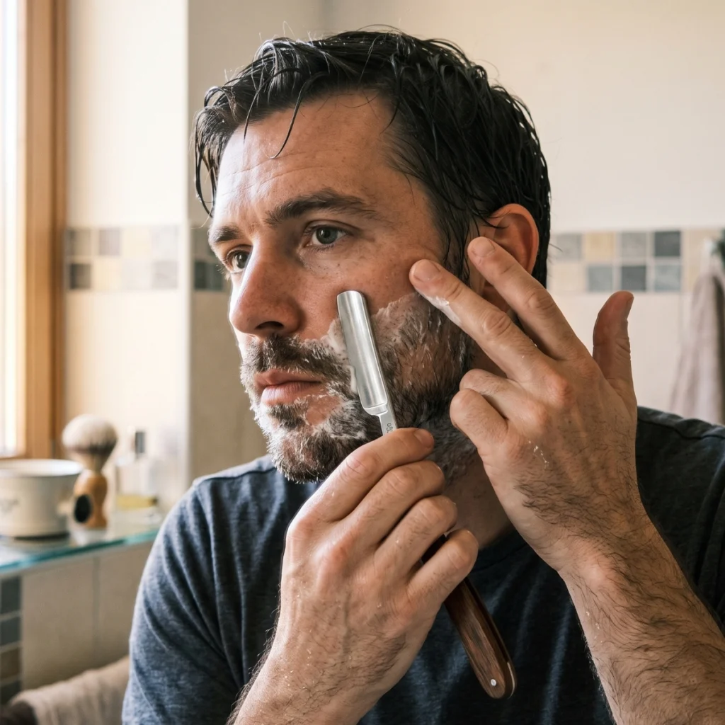 Man stretching the skin on his cheek while shaving with a straight razor