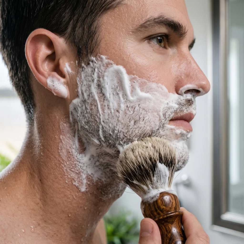 Man applying shaving lather with a brush before wet shaving
