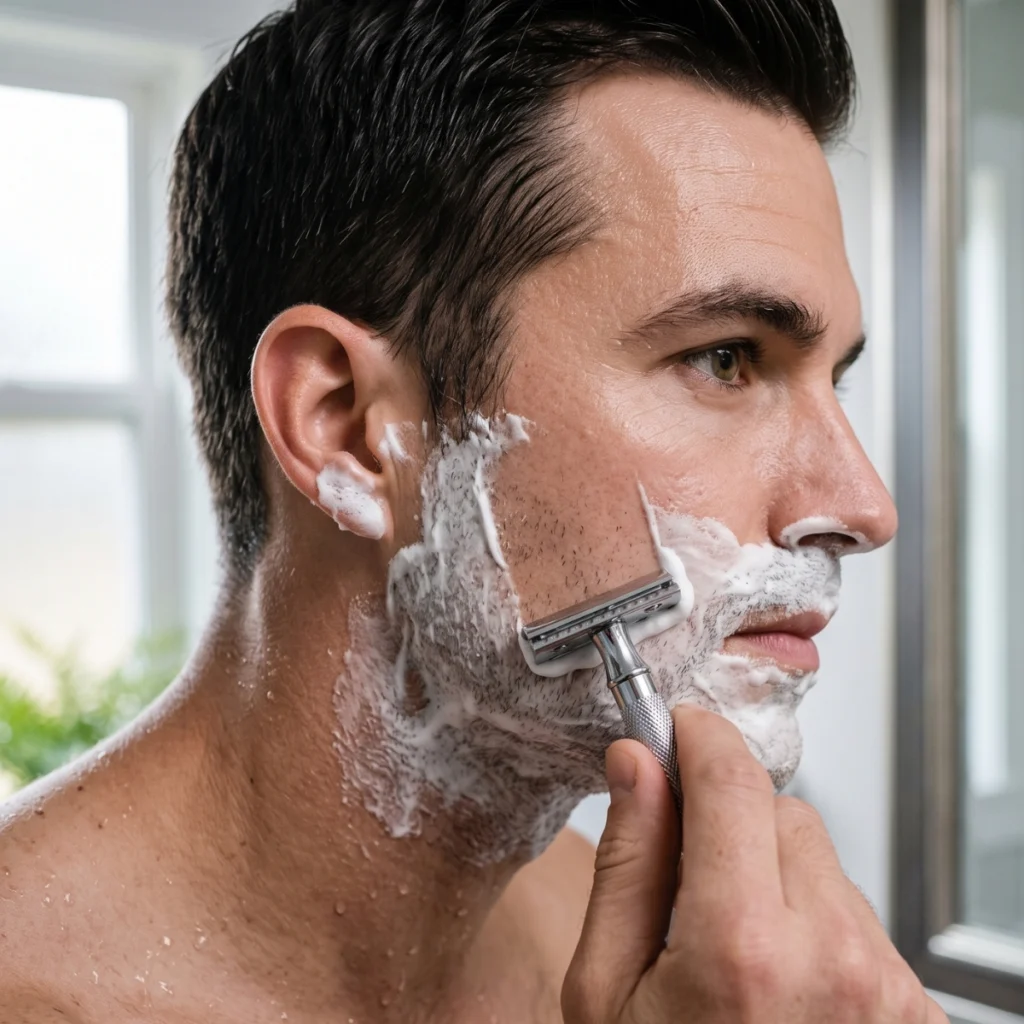 Man wet shaving with a safety razor and shaving lather on his face