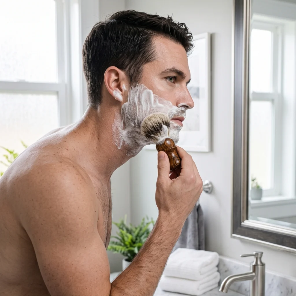Man building shaving lather with a brush at the bathroom sink before wet shaving