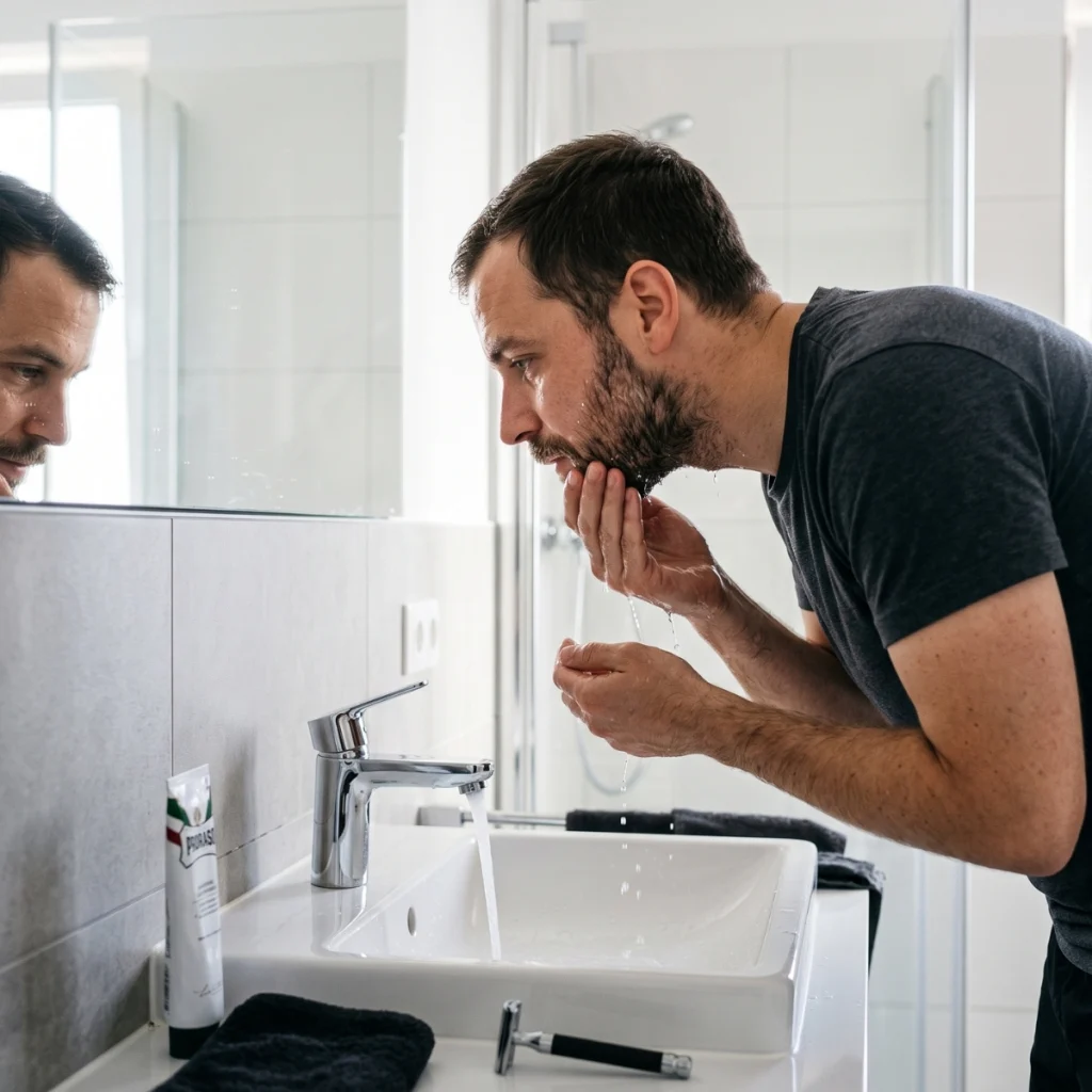 Man wetting his beard with warm water before shaving