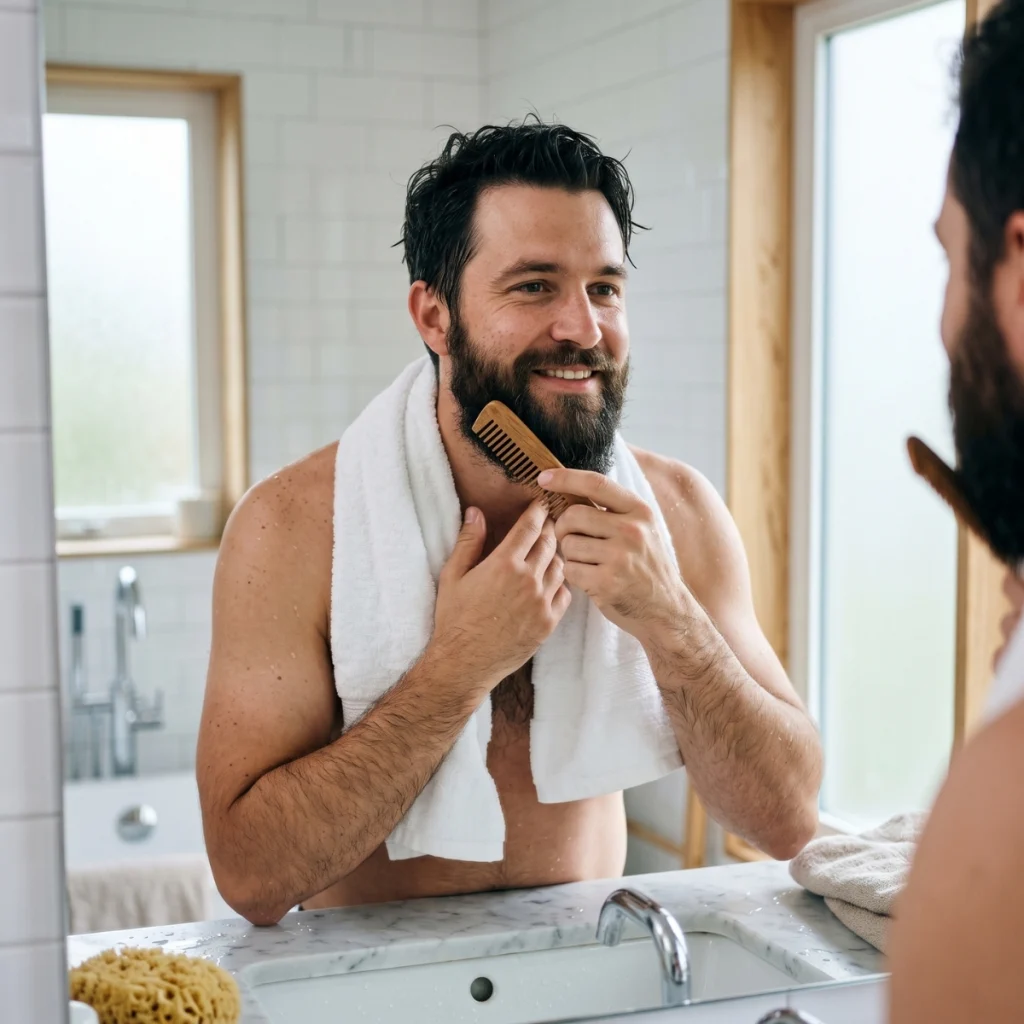 Man combing his damp beard after using beard conditioner.