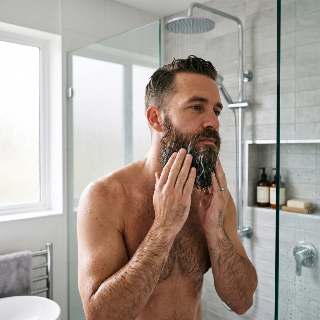 Man applying beard conditioner to a wet beard in the shower.