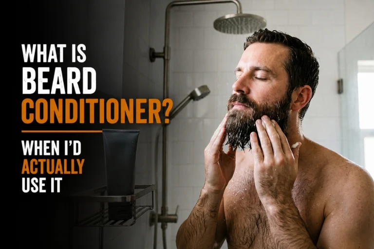Man applying beard conditioner to a wet beard in the shower.