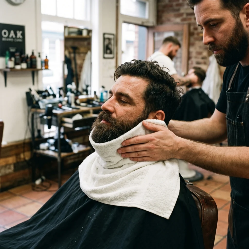 Barber applying a warm towel around a man's dense beard before shaving.