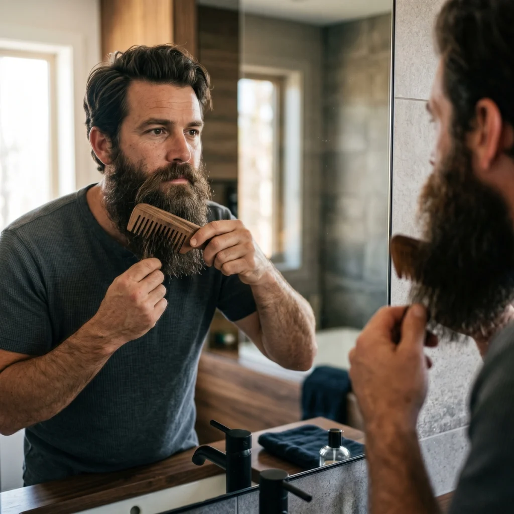 Man using a wide-tooth beard comb through a long dense beard