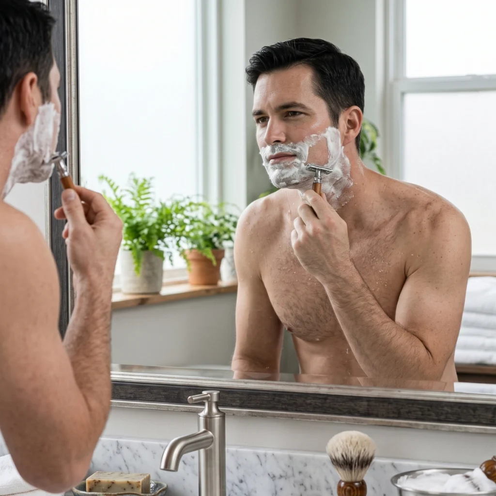 Man wet shaving with a safety razor beside a shaving brush, bowl and soap