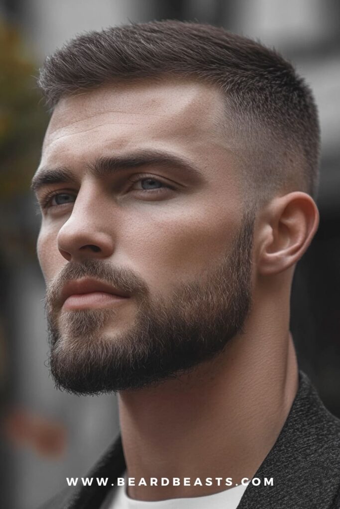 Side profile of a man with a square face, featuring a neatly groomed short boxed beard that accentuates his sharp jawline and defined cheekbones. His hairstyle is closely cropped, further highlighting his strong facial features. This image showcases one of the best beard styles for square faces, offering a clean and structured look.