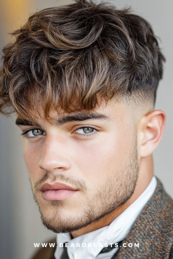 Man with a textured crop haircut, featuring soft layers and a natural finish, paired with a light beard. The textured crop is a modern and stylish option which offers a effortlessly cool look with minimal grooming required.