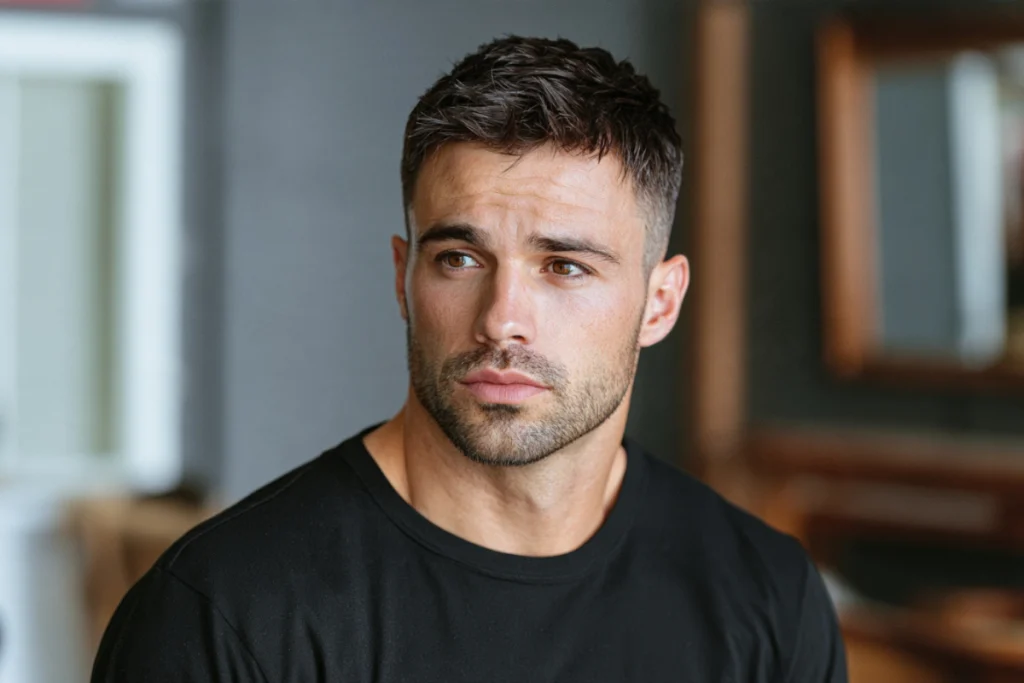 Man with a modern short hairstyle featuring a textured crop, faded sides, and light stubble.