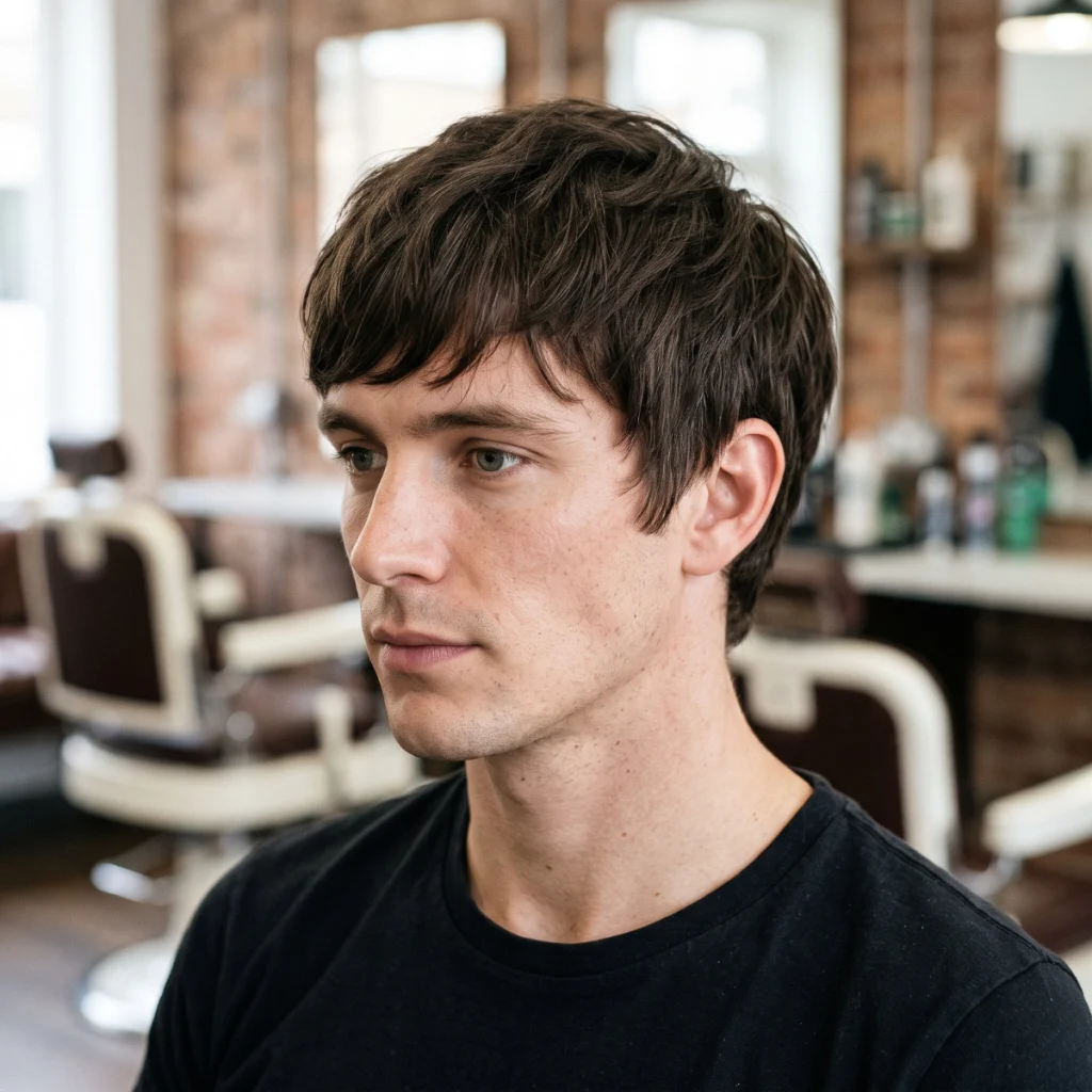 Man with a short mod cut featuring a forward-swept fringe, layered brown hair, and fuller sides.