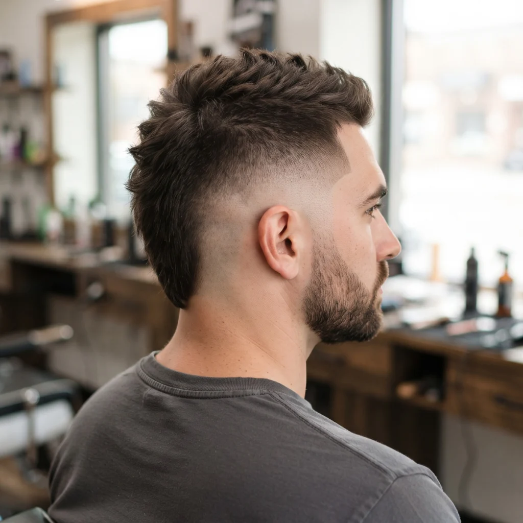 Man with a short mohawk burst fade haircut featuring textured dark hair, a curved skin fade around the ear, and a longer back.