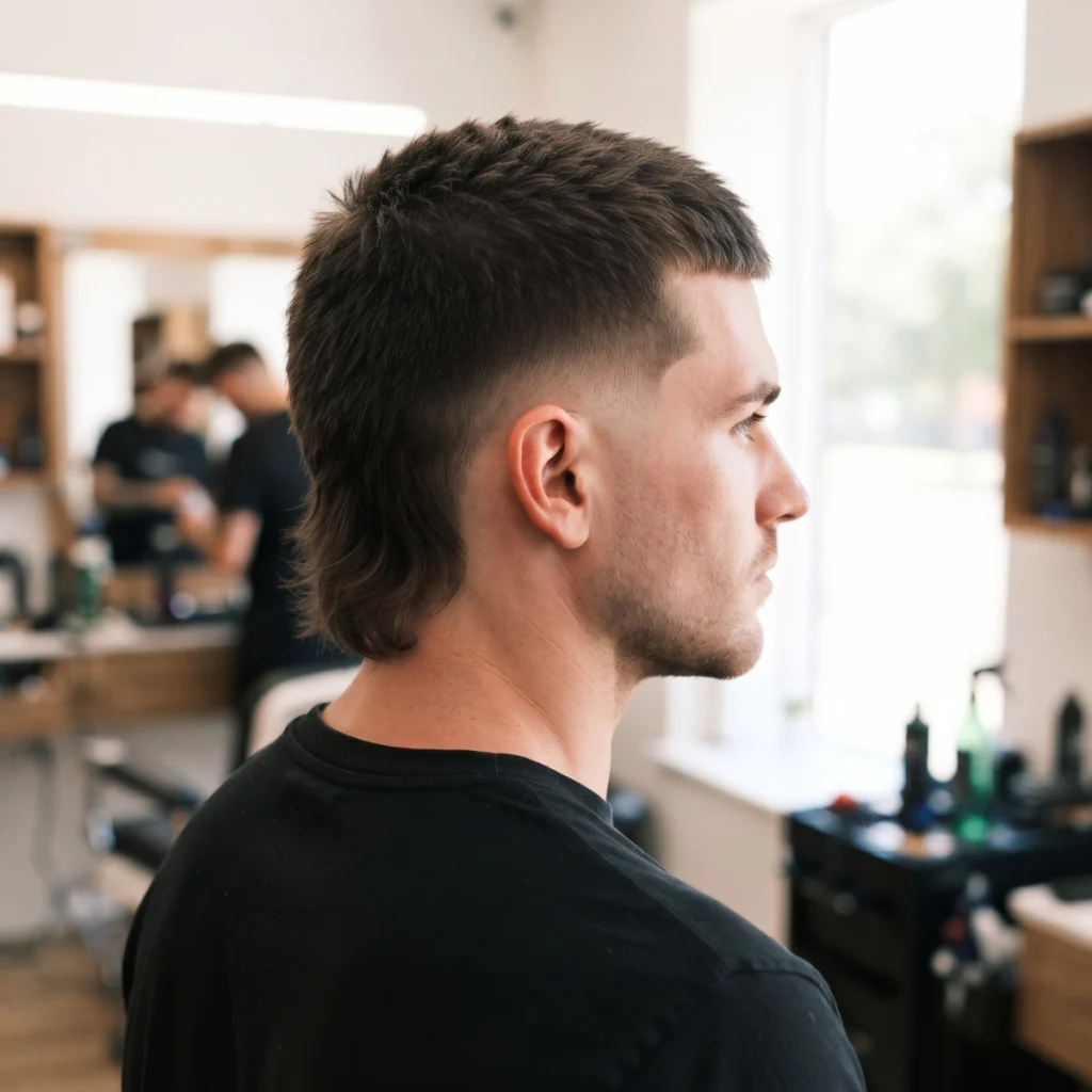 Man with a short mullet haircut featuring tapered sides, textured brown hair, and a longer back.