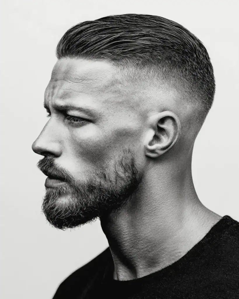 Side profile of a man with a short slick back hairstyle and a high skin fade, featuring a short beard.