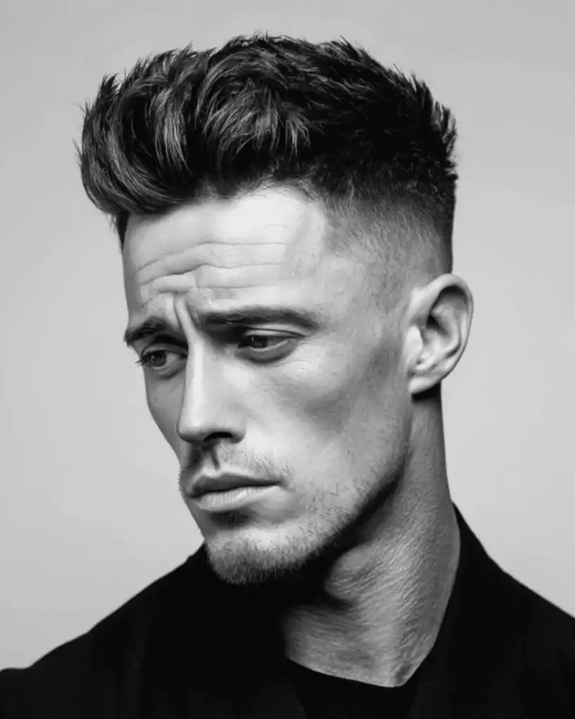 Black and white portrait of a man with a short textured quiff hairstyle and a clean high fade.