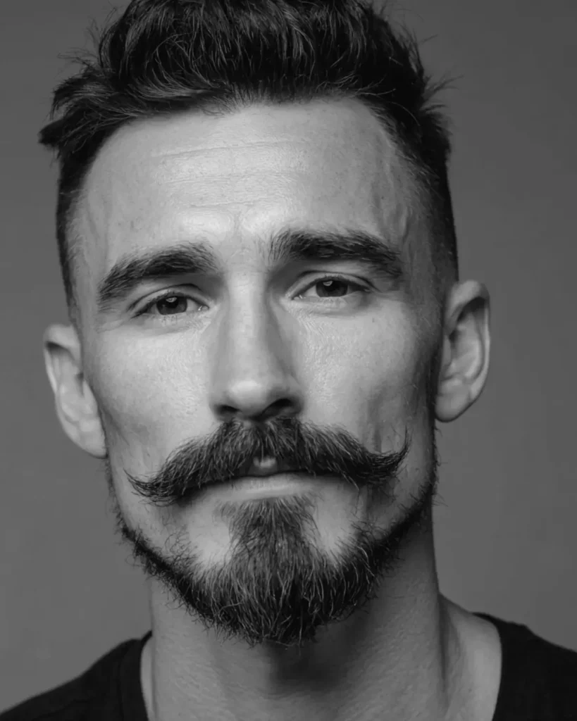 Man with a square face, anchor beard and handlebar mustache