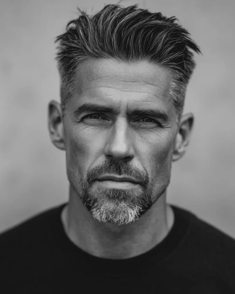 Man with a square face, circle beard and textured quiff hairstyle