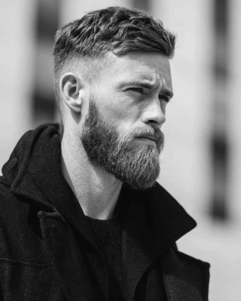 Man with a square face, controlled full beard and short textured haircut in a black coat
