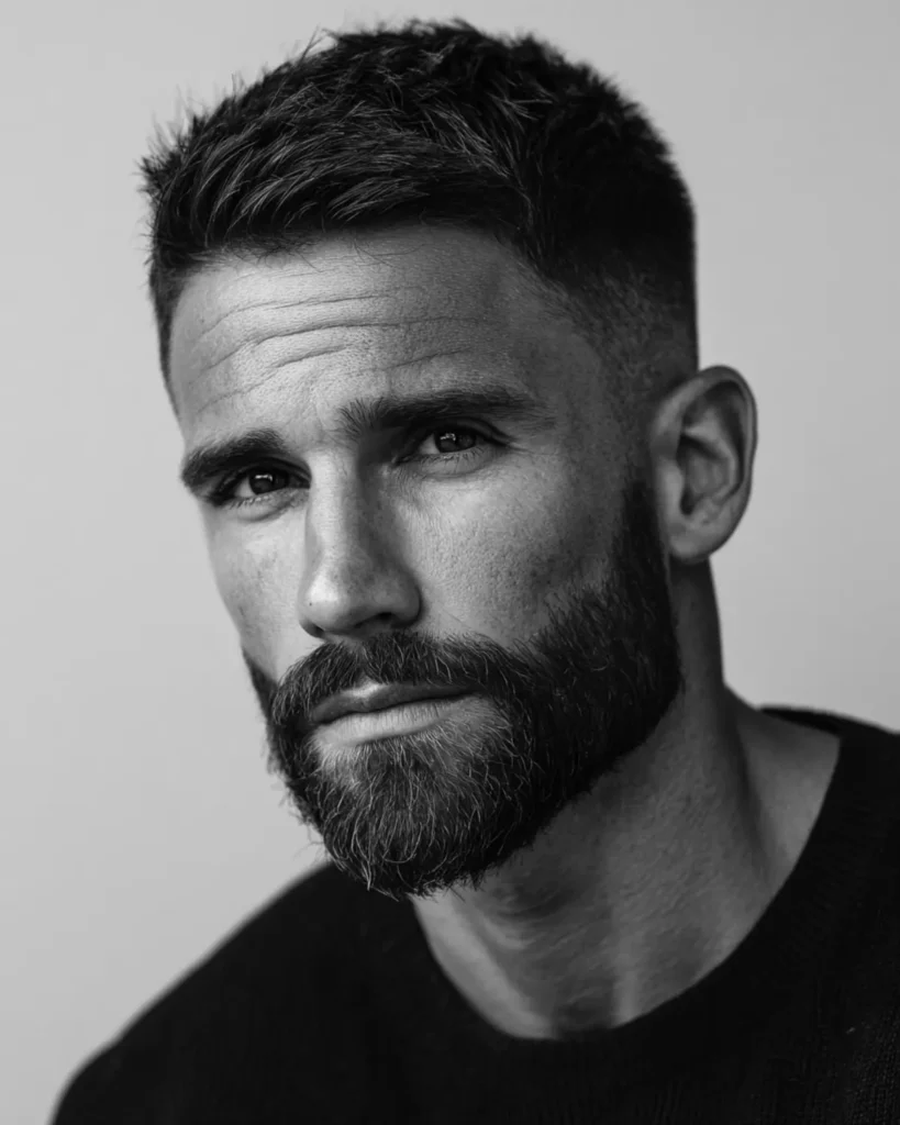 Man with a square face, short boxed beard and short textured haircut