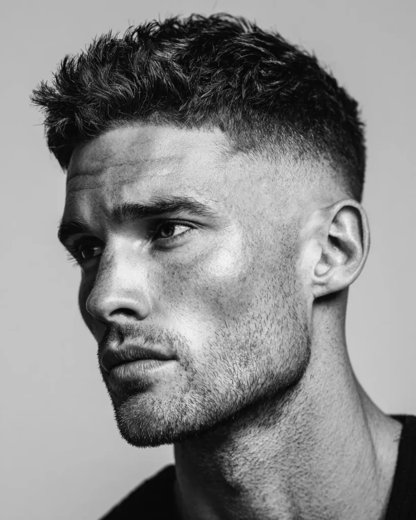 Man with a square face, stubble beard and high skin fade haircut
